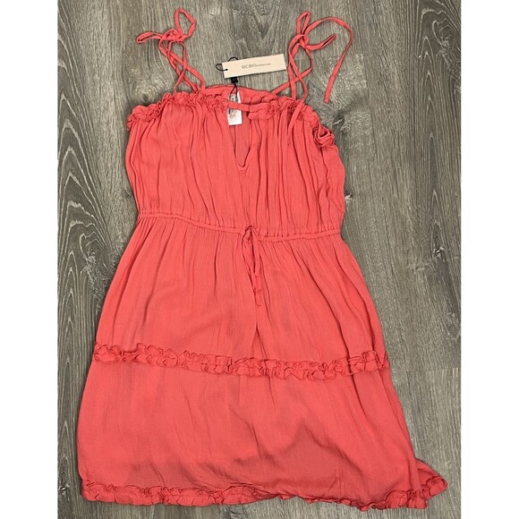 BCBGENERATION Dress Sleeveless Sundress Mini Ruffle Coverup Coral Gauze‎ XL NWT - Picture 3 of 6